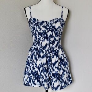 Blue & White Brushstroke Print Point Waist Romper